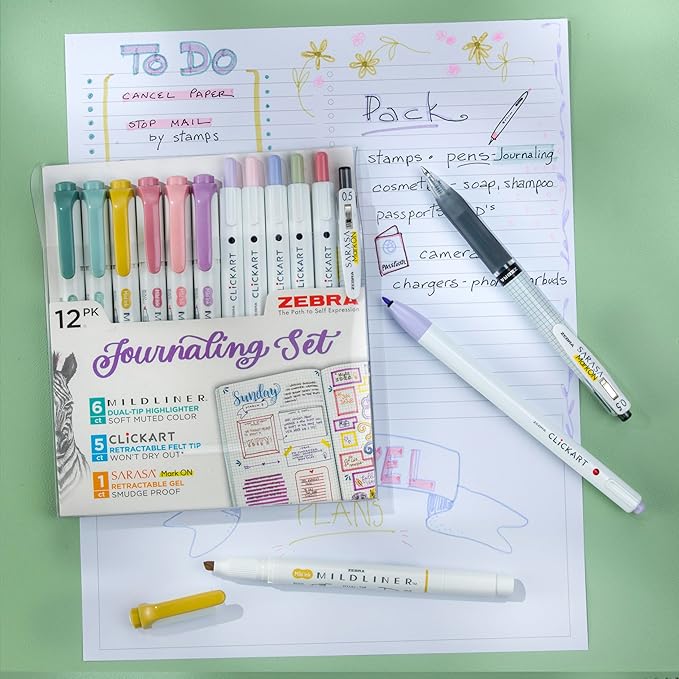 Zebra Pen - Premium 12-Pack Journaling Set - No Bleed Highlighters, CLiCKART Pens & SARASA Mark-On Gel Pen - Assorted Colors for Note-Taking, Bible Study, Bullet Journaling (14012)