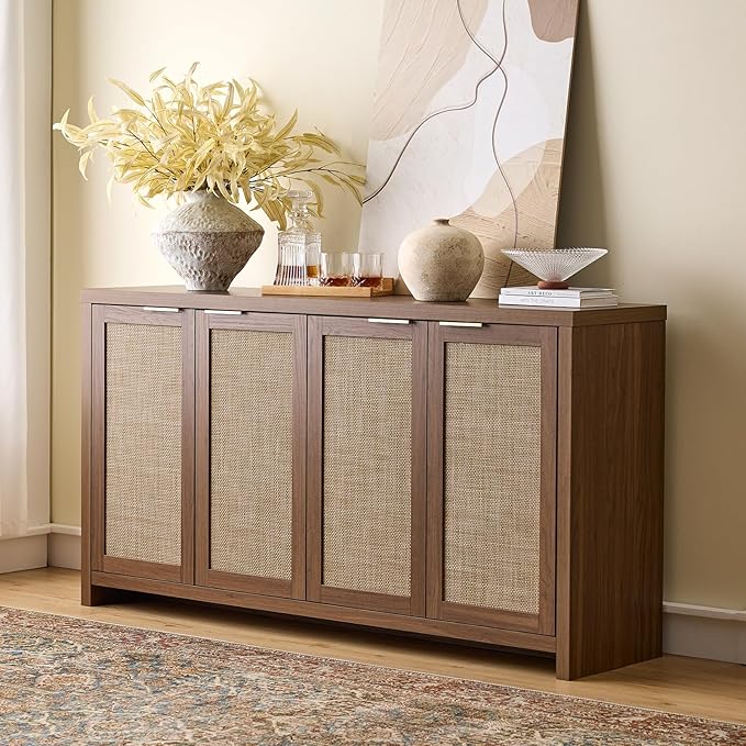 Walsham 61'' Buffet Cabinet with Storage, Adjustable Shelf Sideboard Rattan Entryway Console Cabinet with Doors Modern Credenza Coffee Bar Station for Kichen Living Room Holds 410lb Special Walnut