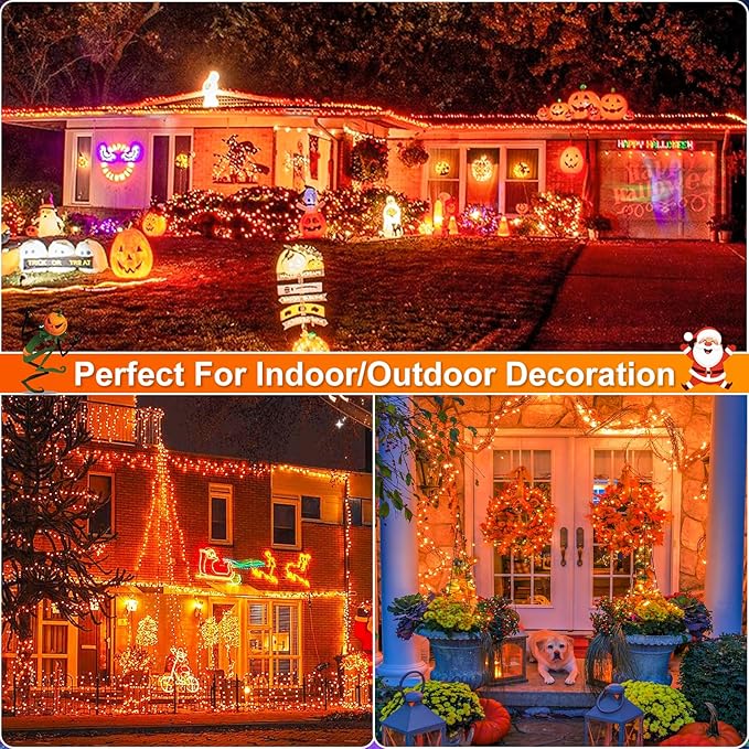 Orange Christmas Lights Outdoor, 100FT 300 LED Christmas String Lights with 8 Modes Waterproof, Plug in Green Wire Twinkle Tree Light for Indoor Patio Yard Party Holiday Decorations