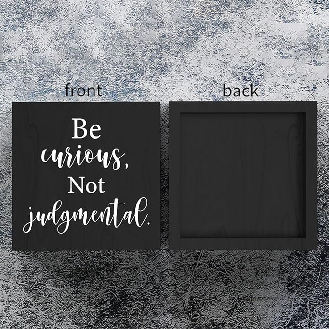 mmiishe Inspirational Wooden Box Sign Decorative Motivational Be Curious Not Judgmental Wood Box Sign Home Bedroom Office Decor Rustic Farmhouse Square Desk Decor Sign for Shelf 5 x 5 Inches-505