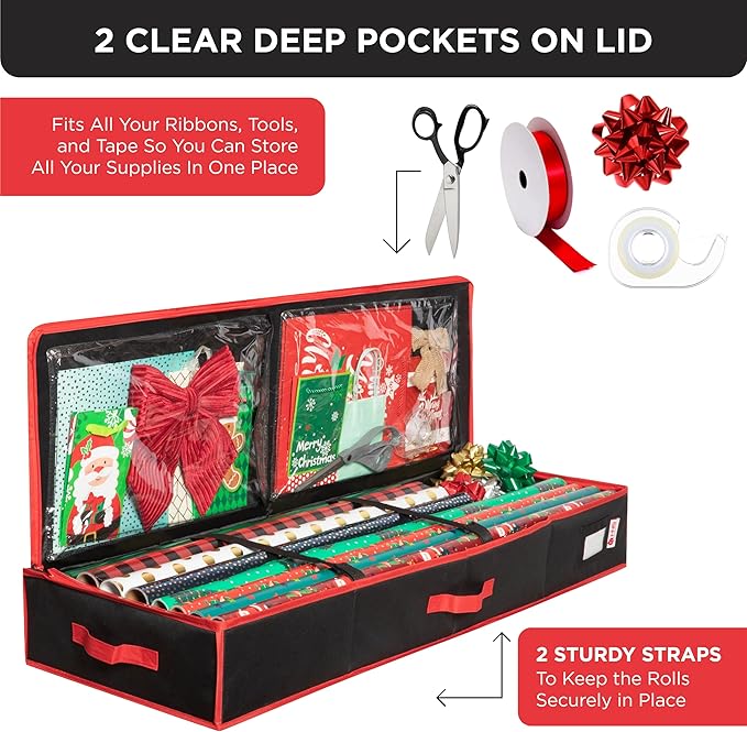 Premium Wrapping Paper Storage Container -Durable Material 600D tear-proof - Fits up to 27 Paper Rolls -Extra Pockets for Ribbons & Bows. Underbed Gift Wrap Organizer, Ideal for Holiday Christmas, etc (Black)