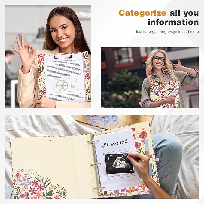 Ospelelf 3 Ring Binder, 2 Inch Letter Size (11" x 8.5") with 5 Tab Dividers, File Folder Labels and Low Profile Clipboards, Floral Binder for School and Office Supplies