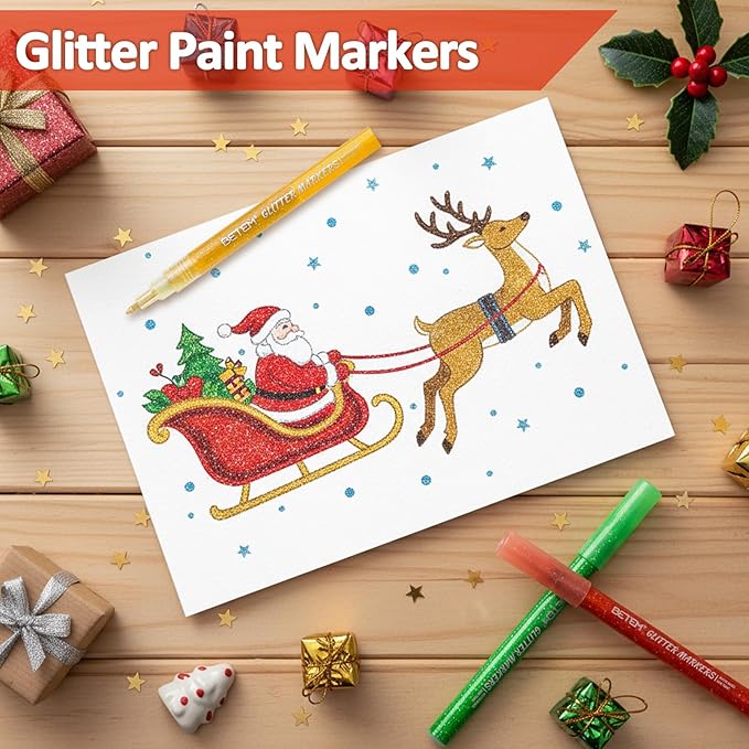 Betem Glitter Markers Pen, 12 Colors Sparkly and Shiny Metallic Markers Fine Tip Water-based Ink Glitter Pens For Scrapbooking Supplies, Glass, Mugs, Rock Painting, Cards, Christmas Gifts for Teens