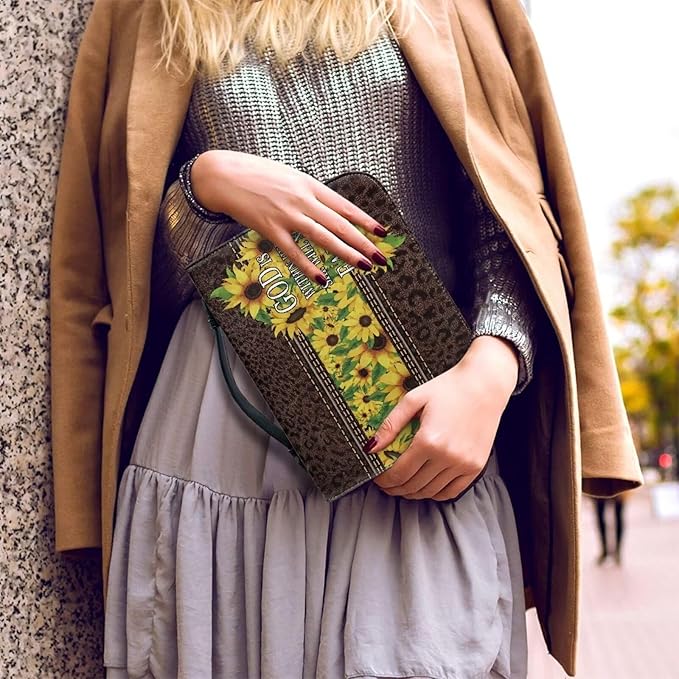 Lotusorchid PU Leather Bible Bag for Women with Inspiring Bible Verses, Sunflower Leopard Print Bible Cover Women Girls, Sturdy Bible Book Carrying Bags Christian Bible Study Accessories, 2XL