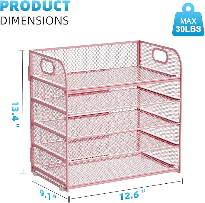 Marbrasse Paper Organizer Letter Tray, 5 Tier Mesh File Organizer with Handle, Paper Sorter Desk Organizer for Home Office Supplies - Pink