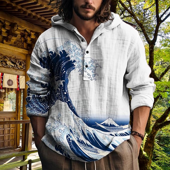 MARSVOVO Hooded Long Sleeve Shirt Men Fashion Graphic Button Up Lightweight Big and Tall Casual Vacation Shirts for Men