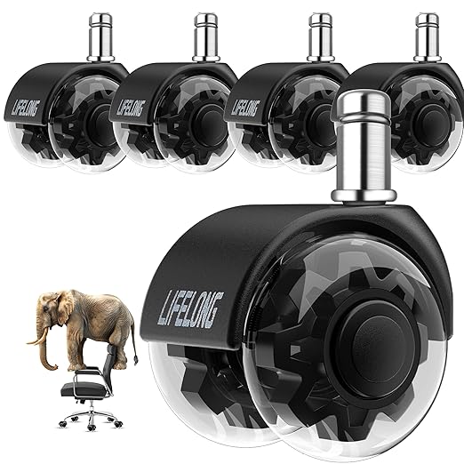 Lifelong Office Chair Wheels Replacement Rubber Chair Casters for Hardwood Floors and Carpet, Set of 5, Heavy Duty Casters for Chairs to Replace Office Chair Mats - Fits 98%