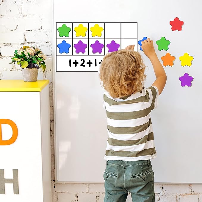Magnetic Ten-Frame Set, 6 Frames & 66 Colorful Star-Shaped Counters Ten Frame Math Games Manipulative Counting Toys for Kindergarten Preschool, 6 Colors & 2 Markers (Fridge & Hand-held)