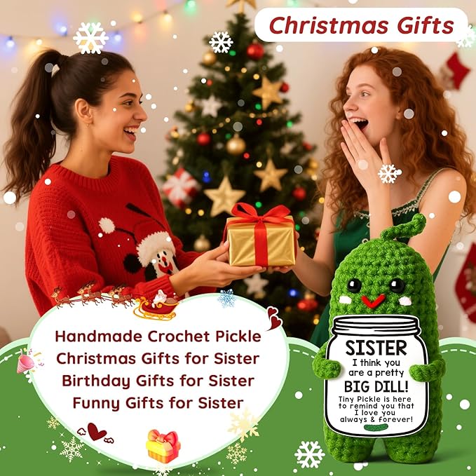 MAMAGIFTREE Gifts for Friends Christmas Birthday Gifts for Woman Unique Stocking Stuffers, Gag Gift and Friendship Gift for Bestie Coworkers White Elephant - Handmade Crochet Pickle