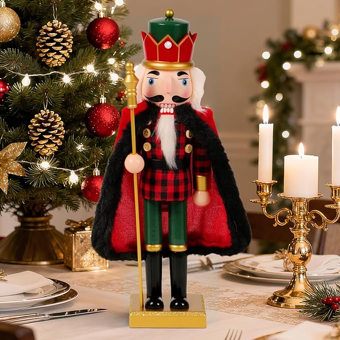 Nutcracker Christmas Decor, Wooden Nutcracker Soldier Christmas Decoration Home Mantle Table Fireplace Christmas Ornaments for Festival Party(14" RedBlack Fur Coat Staff Nutcracker)