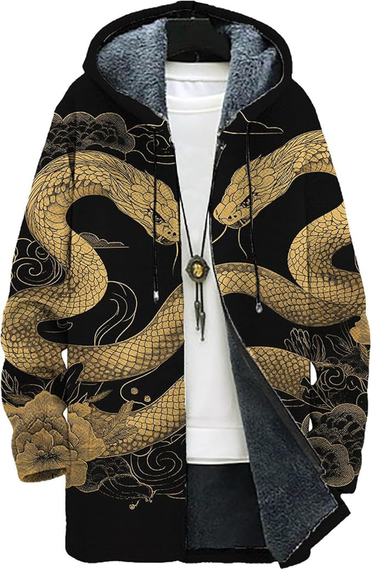 MARSVOVO Mens Cardigan Sweater Cool Graphic Lined Fleece Long Coat Zip With Pockets Fashion Coat Warm Fitted Jacket