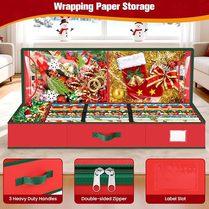 Wrapping Paper Organizer Storage, Christmas Wrapping Paper Storage for Christmas Decorations, Ribbon, Accessories, Underbed Gift Wrap Container with Flexible Partition, Interior Pockets(Red)