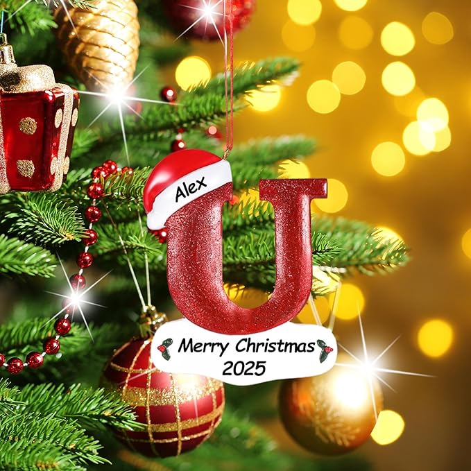 Personalized 26 Letters Ornaments for Christmas Tree 2025, Custom Christmas Ornament with Family Member's Names 3D Resin Xmas Hanging Pendant Original Gifts for Family Friends(U)
