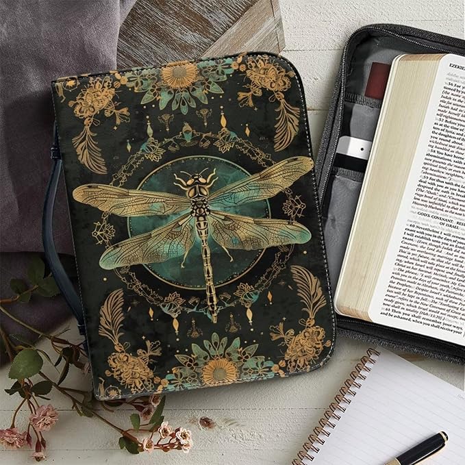 Lotusorchid Mandala Dragonfly Printed Women Bible Cover Leather Bible Book Church Bags with Handle and Zippered Pocket