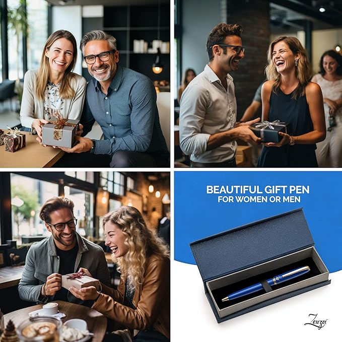 ZenZoi Blue Ballpoint Pen - Premium Writing Instrument for Men or Women With Gold Trim, Smooth Writing Schmidt Ink Refills, Luxury Gift Set, High-End, Retractable, Professional for Journaling