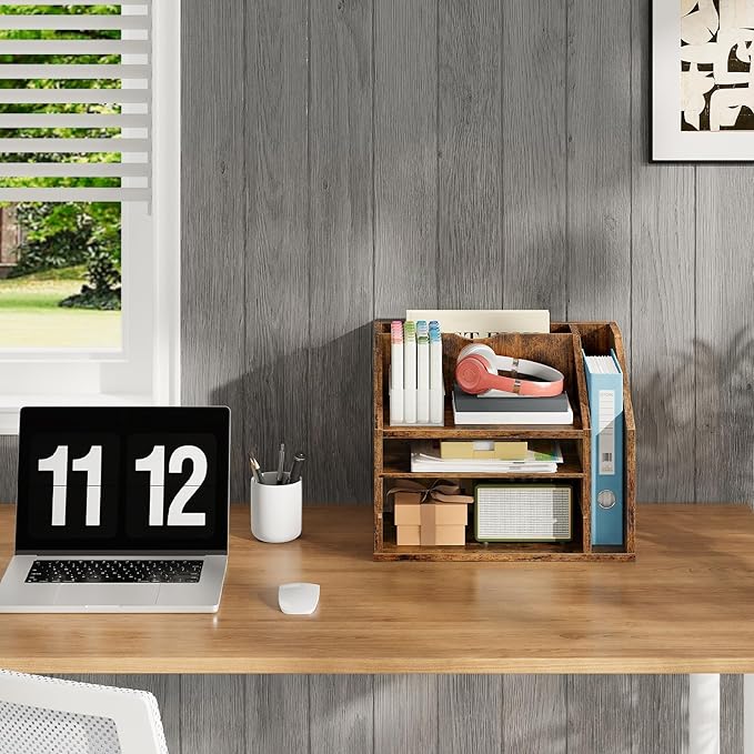Wooden Desk Organizer with Adjustable Partitions, Multi-Layer Desktop File Holder for Home Office, Paper & Stationery Storage Organizer, Rustic Brown MWJ04FG