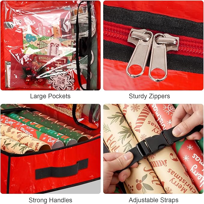 Wrapping Paper Organizer Storage Container for Christmas Holiday Gift Wrap Storage 43.2" Durable PE Underbed Storage Container with Interior Pockets Fits 24 Paper Rolls (Red)