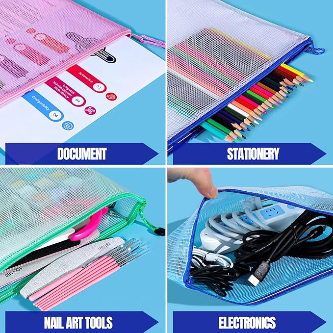 LEOBRO 20PCS Mesh Zipper Pouch, A4 Letter Size Mesh Bags with Zipper, Document Bags, Plastic Envelopes Zip File Folders, Storage Bags for Organization, Travel, File Jackets & File Pockets