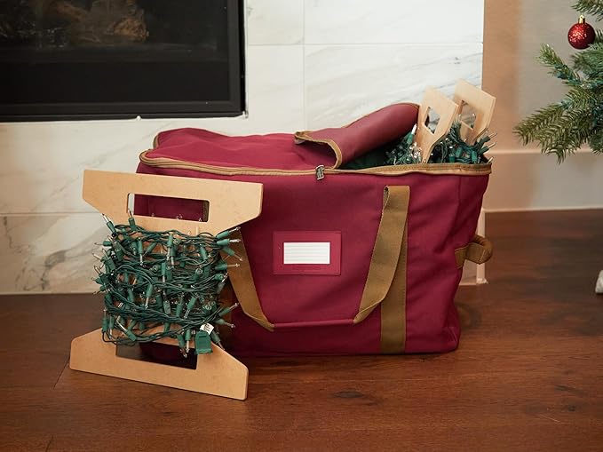 Covermates Keepsakes Rolling Christmas Light Storage Bag - Carrying Handles, ID Window, Dual Wheels - Holiday Storage, Red