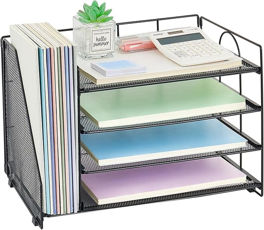 OPNICE 4-Tier Paper Organizer with Magazine Holder, Desk Organizers and Accessories, Office Desk Accessories & Workspace Organizers, Desktop File Organizer for Office Supplies Storage, Black
