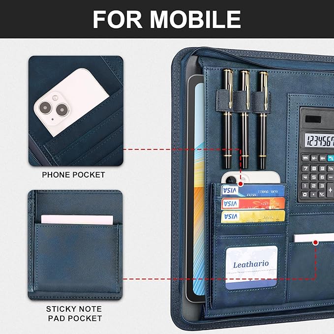 Leathario Portfolio Binder, 3-Ring Folder Organizer, Includes 5 Sheet Protectors and a Pen, Vegan Leather A4 Padfolio for Tablets, Business Conferences Professional Document Organizer, Office Supplies