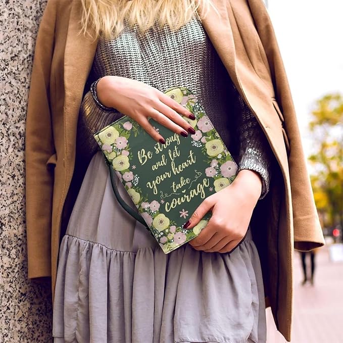 Lotusorchid Floral Bible Book Cover Case with Handle Pocket, Portable Bible Cover Case with Pen Storage, Sturdy PU Bible Tote Bag with Verse for Women Girls, Bible Accessories, Green,L
