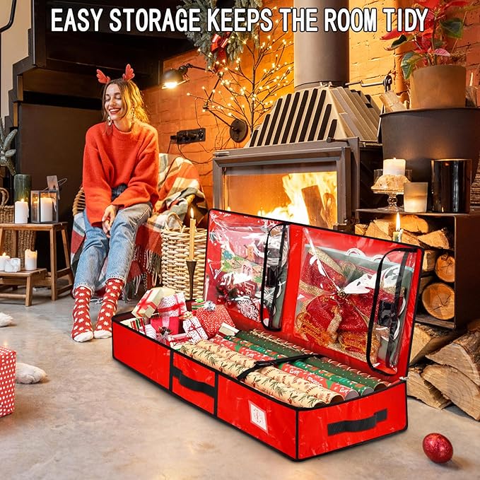 Wrapping Paper Organizer Storage Container for Christmas Holiday Gift Wrap Storage 43.2" Durable PE Underbed Storage Container with Interior Pockets Fits 24 Paper Rolls (Red)