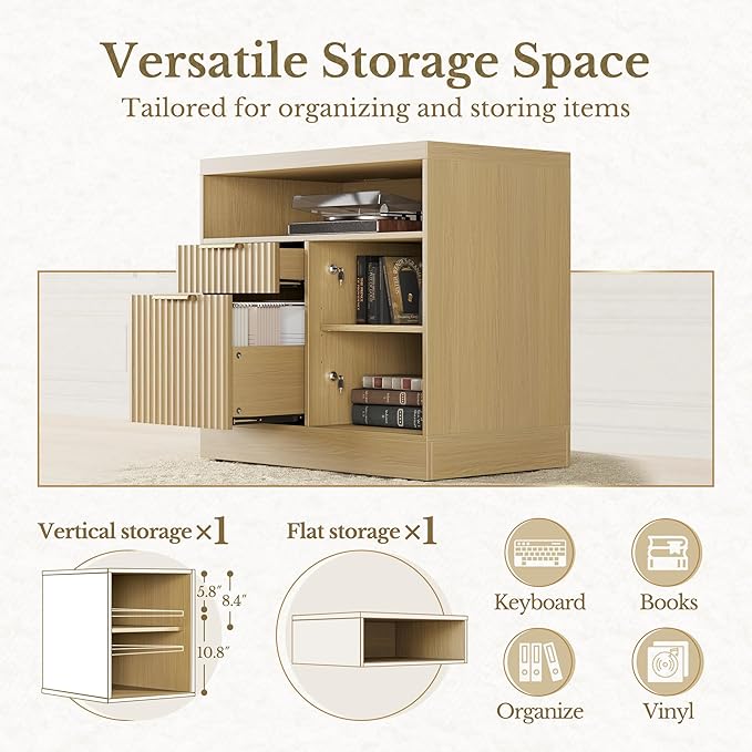 2 Drawer Fluted File Cabinet, 32'' Lateral File Cabinet with Lock and AC/USB for Legal/Letter/A4/F4 Size, Wood Filing Cabinet with Storage Shelves for Home Office, Light Walnut