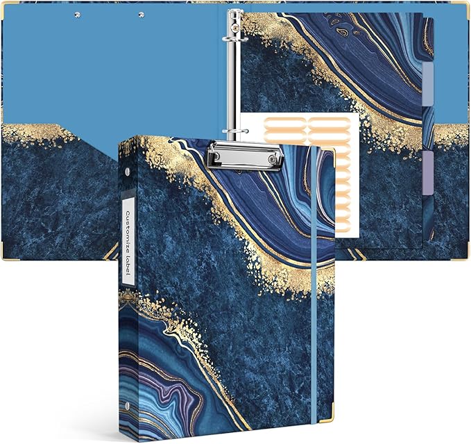 Ospelelf 3 Ring Binder, 1 Inch, Cute Letter Size (11" x 8.5") with 5 Tab Dividers, File Folder Labels and Low Profile Clipboards, Blue Marble