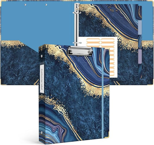 Ospelelf 3 Ring Binder, 1 Inch, Cute Letter Size (11" x 8.5") with 5 Tab Dividers, File Folder Labels and Low Profile Clipboards, Blue Marble