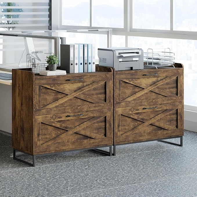 Lateral File Cabinet 2 Drawer File Cabinet with Charging Station for Legal/Letter/A4 Size Hanging Files, Large Wood File Storage Cabinets Printer Stand for Home Office, Rustic Brown