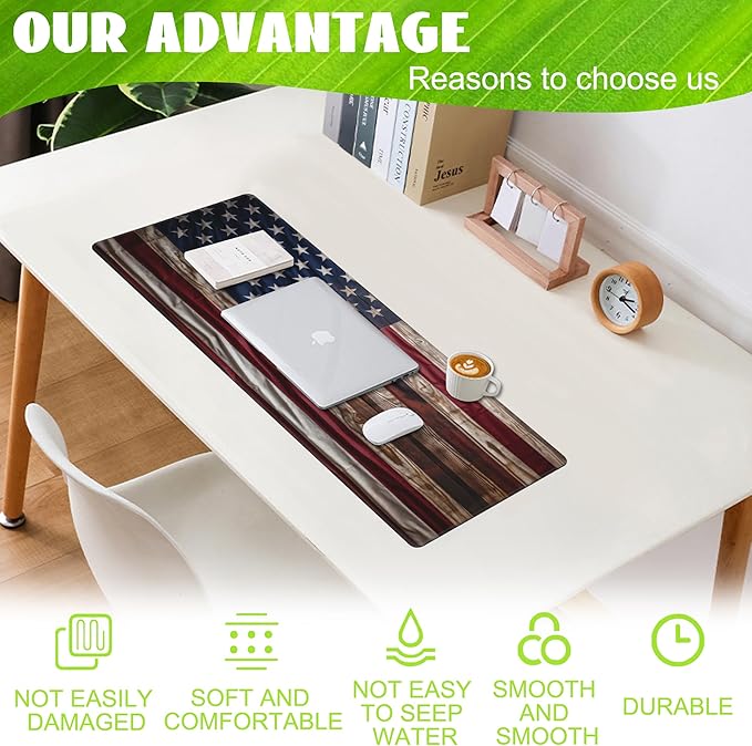 Large Gaming Mouse Pad for Desk,Wooden American Flag Desk Mat,Wooden USA Flag Desk Pad,Extended Big Computer Keyboard Mouse Pad with Non-Slip Base and Stitched Edge,31.5"x11.8"