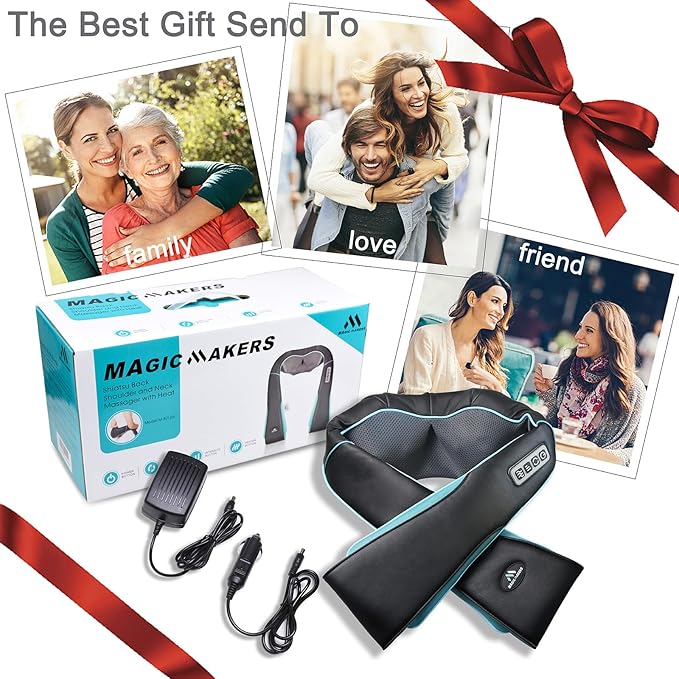 MagicMakers Electric Shiatsu Neck Massager with Heat - Pain Relief for Back, Shoulders & Feet - Gift for Men, Women, Mom & Dad - From Daughter or Son - Ideal for Christmas, Mother's Day & Father's Day