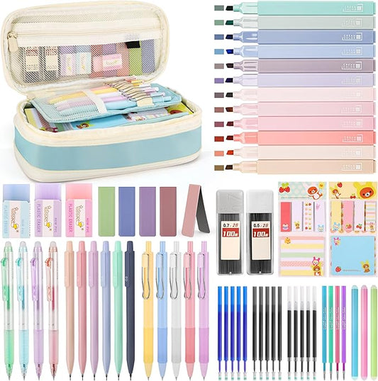 DazSirit 62 PCS Aesthetic School Supplies with Foldable Pencil Case, 12 Pastel Highlighters, 4 Erasable Pens, 5 Gel Pens, 6 Mechanical Pencils, Sticky Notes, Complete Stationery Kit for Girls, Blue