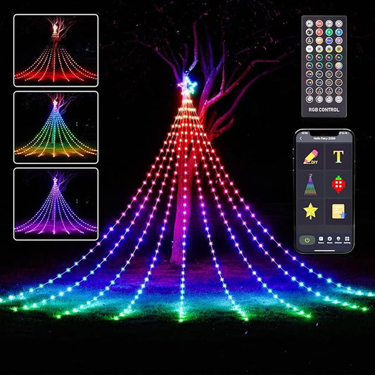 Outdoor Christmas Decorations, 16.4FT Smart RGB Color Changing Christmas Hanging Waterfall String Lights, APP Remote Control, DIY Multi-Color Lightshow, Music Sync, Outside Xmas Lights Decor