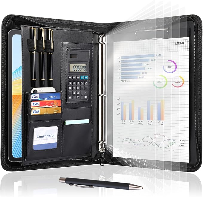 Leathario 3-Ring Portfolio Binder, Includes 5 Sheet Protectors and a Pen, 13 Inch Tablets Organizer, Vegan Leather A4 Padfolio, Multi-Pocket Notepad Business Planner Professional Document