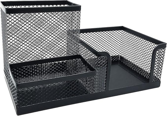 Mesh Desk Organizer,Desktop Organizer Metal Office Supplies Caddy with Pencil Holder and Storage Baskets for Desk Accessories, 3 Compartments Black