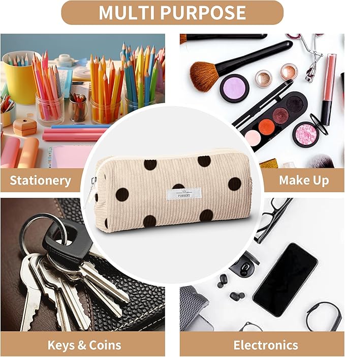 Pencil Bag Pen Case, Soft Corduroy Small Pencil Pouch Organizer with Zipper, Cute Pencil Case Pouch Stationery for Girls and Boys – Dot Beige