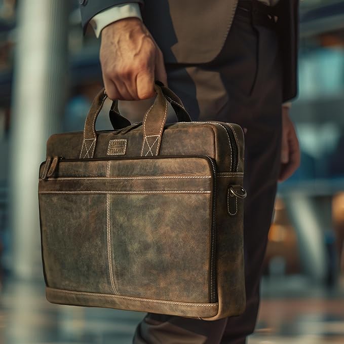 LEATHER VILLAGE 16" Leather Laptop Messenger Briefcase Bag for Men-Leather Satchel for Travel and Office Shoulder Bag- Rustic Brown