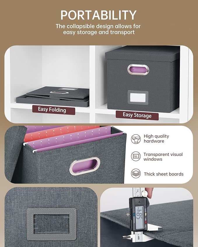 Oterri 2 Pack File Storage Organizer, Filing Box, Portable File Box with Lid, Fit for Letter/Legal File Folder Storage, Document Organizer, Dark-gray