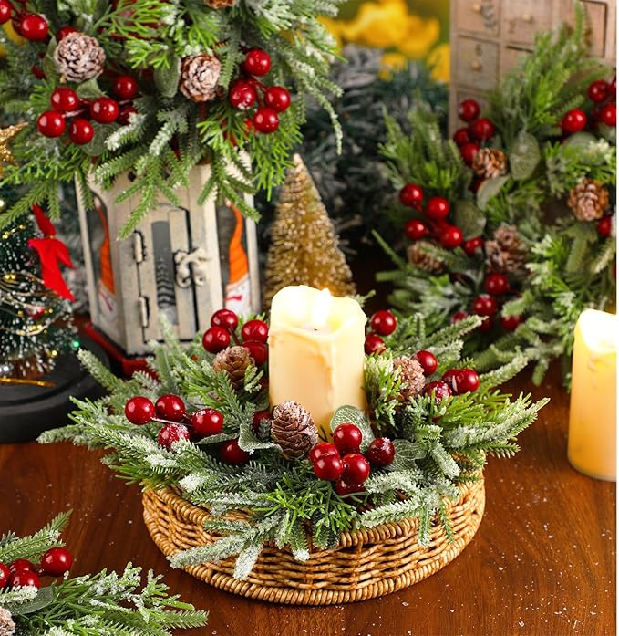 Lyrow 24 Pcs Christmas Candle Rings Wreath Xmas Kitchen Cabinet Mini Wreath Artificial Berries Snowy Pine Candle Ring Holder for Christmas Chandelier Home Table Centerpiece Indoor Decor