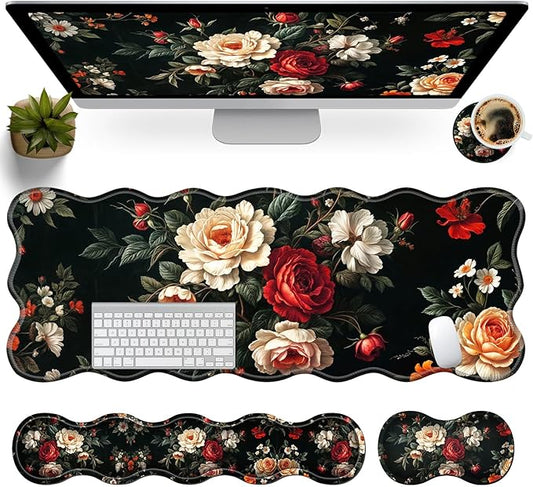Office Mouse Pad Set with Wrist Support, Large 31.5"x11.8" Desk Mat, Ergonomic Memory Foam Keyboard Wrist Rest, Non-Slip Durable Mouse Pad for Work & Home, Beautiful Flowers