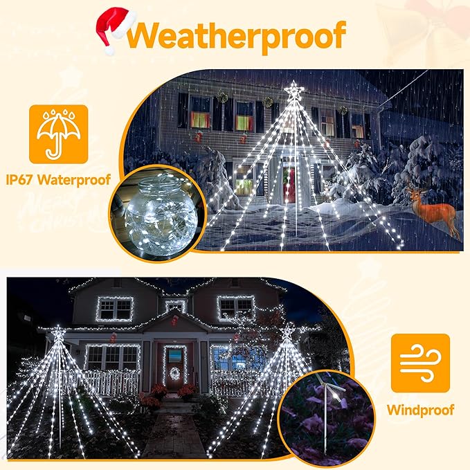 Ollny Christmas Lights Tree 340LED with Topper Star, IP67 Waterproof Remote Control Waterfall Lights with Pole, 16 Modes 3 Timers Dimmable Light Decorations for Outdoor Yard Garden Lawn(Cool White)