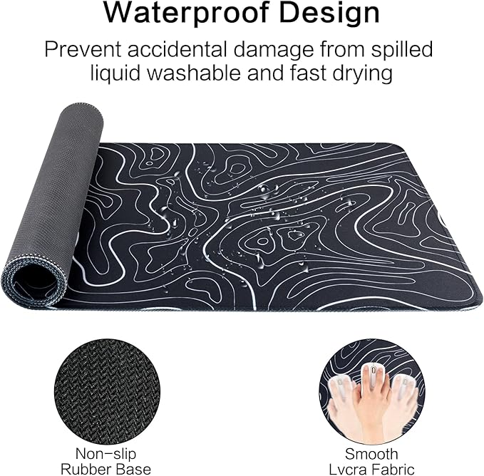 Large Gaming Mouse Pad for Desk, Black Topographic Mouse Pad Desk Mat for Gaming Office, Long XL Mouse Pads Keyboard Pad Desk Pad for Computer Laptop 31.5''x11.8''