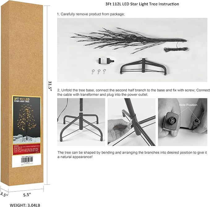 LIGHTSHARE 3FT 112LED Star Light Tree, for Home Festival Party Christmas, Indoor and Outdoor Use, Warm White