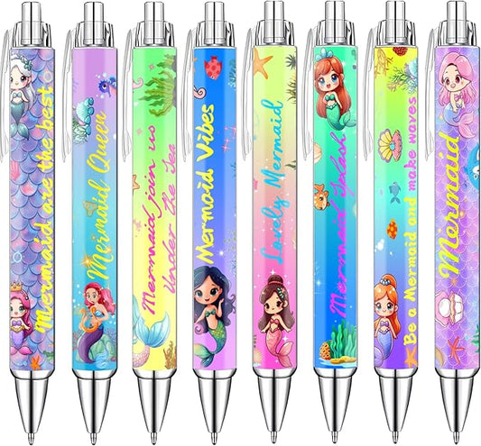 Mermaid Pens for Girls – Cute Mermaid-Themed Ballpoint Pen Set for Kids, Teens, and Ocean Lovers – Fun Stationery Gift for School, Journaling, Thanksgiving Christmas New Year Gifts – 8 Pack