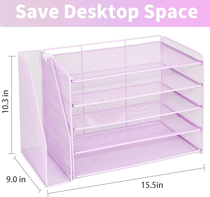 OPNICE 5-Tier Paper Organizer with Magazine Holder, Desk Organizers and Accessories, Office Desk Accessories & Workspace Organizers, Desktop File Organizer for Office Supplies Storage, Purple