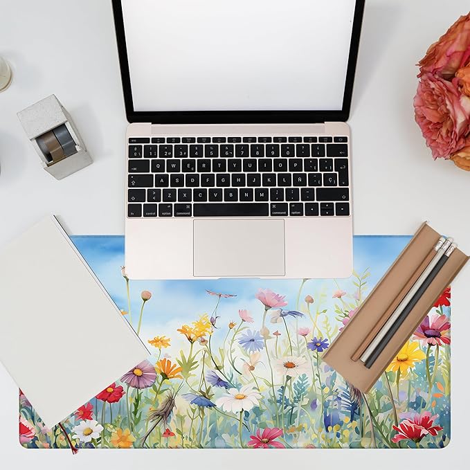 Large Gaming Mouse Pad, Colorful Wildflowers in Field Desk Mat, Watercolor Flowers Desk Pad, 31.5"x15.7" Extended Big Computer Keyboard Mouse Pad with Non-Slip Base and Stitched Edge