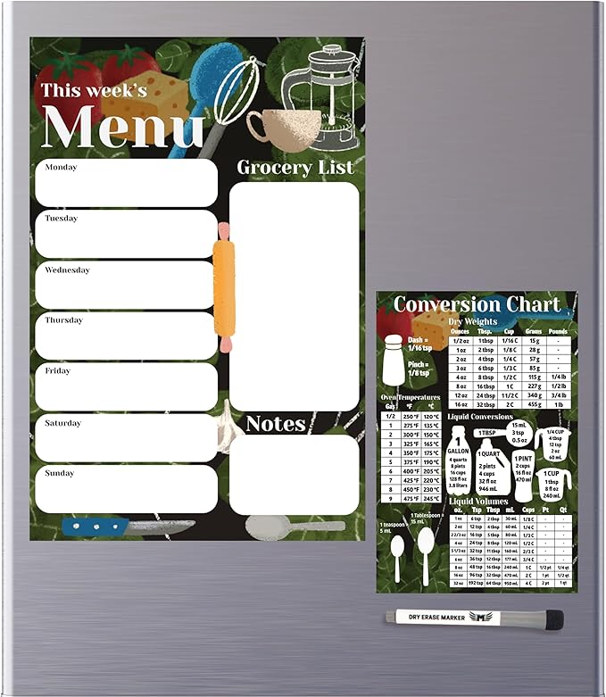 Magnetic Menu Board for Fridge 10-inch x 15-inch Smudge-Free Weekly Meal Planner Magnetic Comes With Conversion Chart and Dry Erase Marker for Dry Erase Menu Board for Fridge by Mommy Marvel