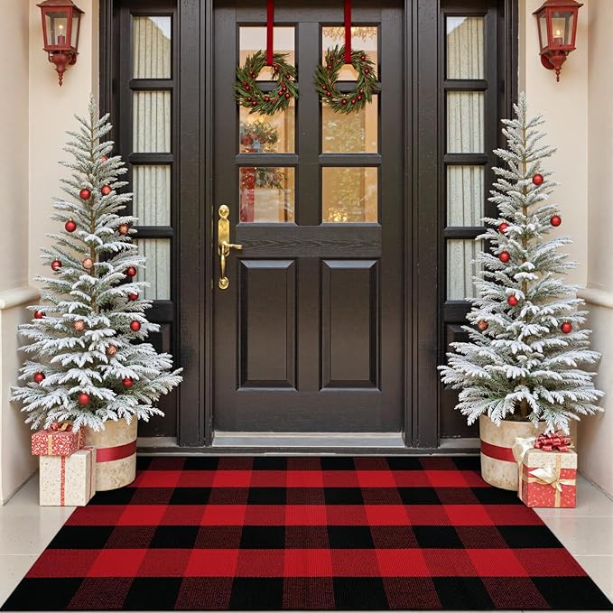 OJIA Christmas Outdoor Rug 3'x5', Red Plaid Front Door Mat Outdoor Area Rug Washable Cotton Outside Door Mats Layered Doormats Cotton Floor Carpet for Porch/Patio/Farmhouse/Entryway/Kitchen/Foyer